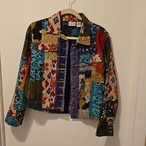 Chico's Vibrant Blue and Red Jean Jacket Artistic Patchwork